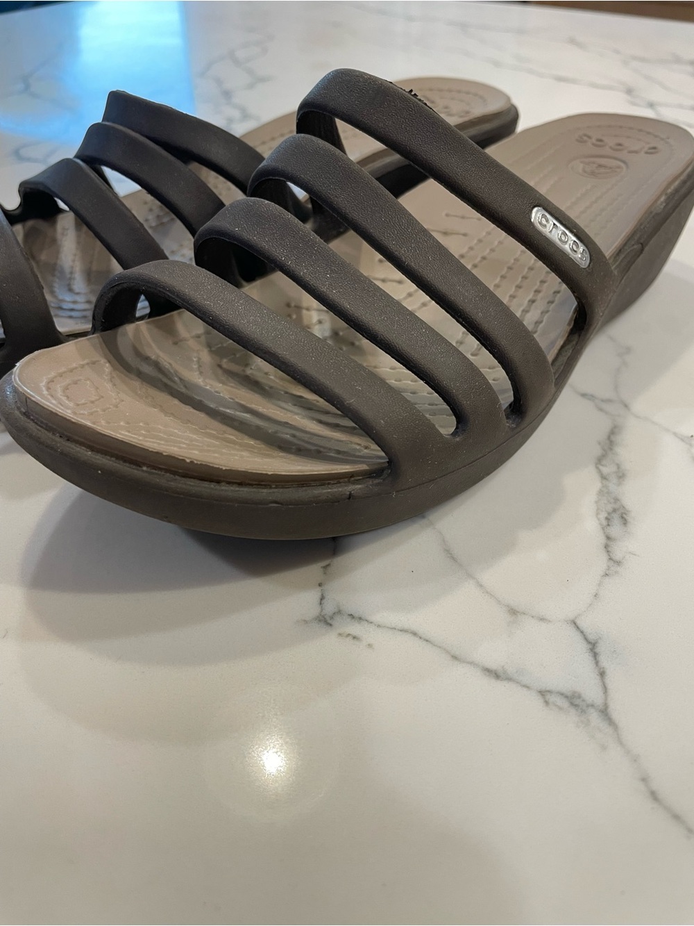 Crocs Rhonda Brown Wedge Slide On Strappy Sandals